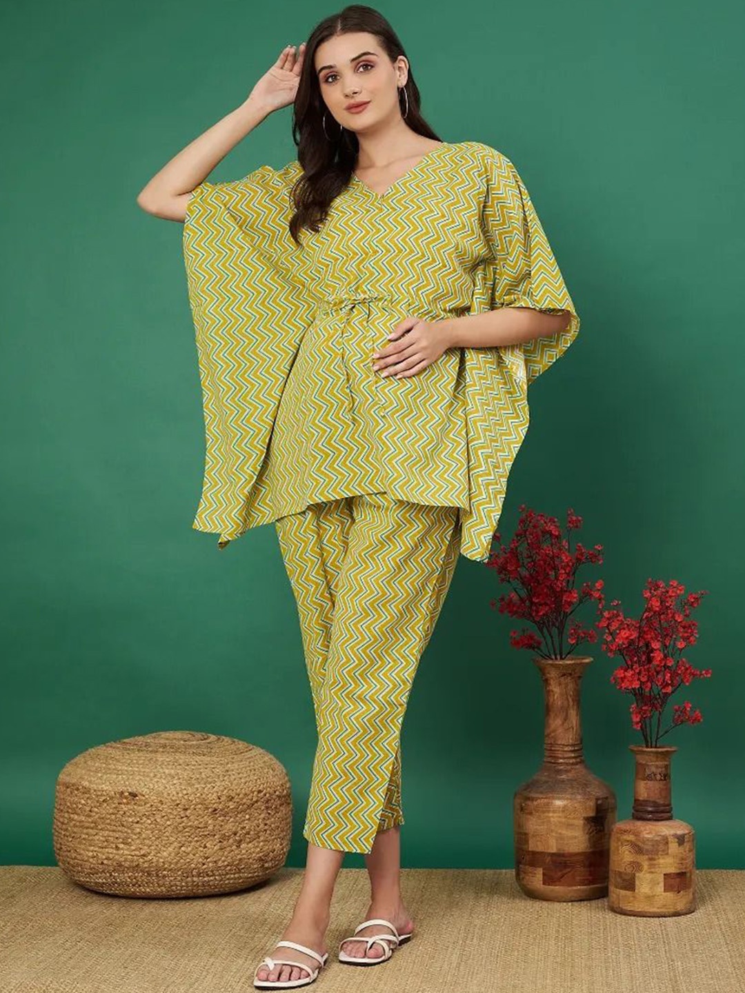 

Aaheli Zigzag Printed Cotton Maternity Kaftan Top With Trousers Co-Ords, Yellow