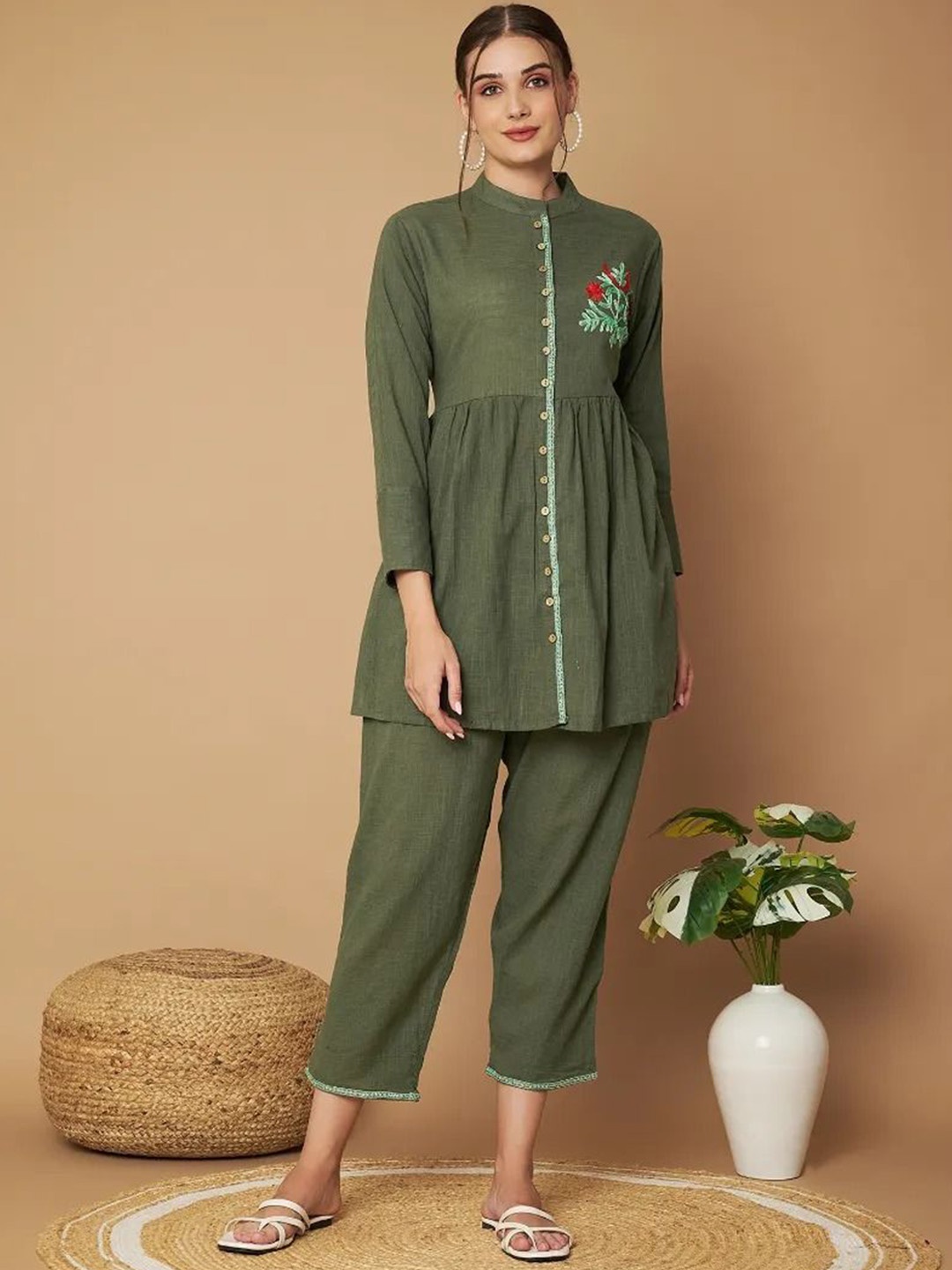 

Aaheli Embroidered Pure Cotton Top With Trousers, Olive