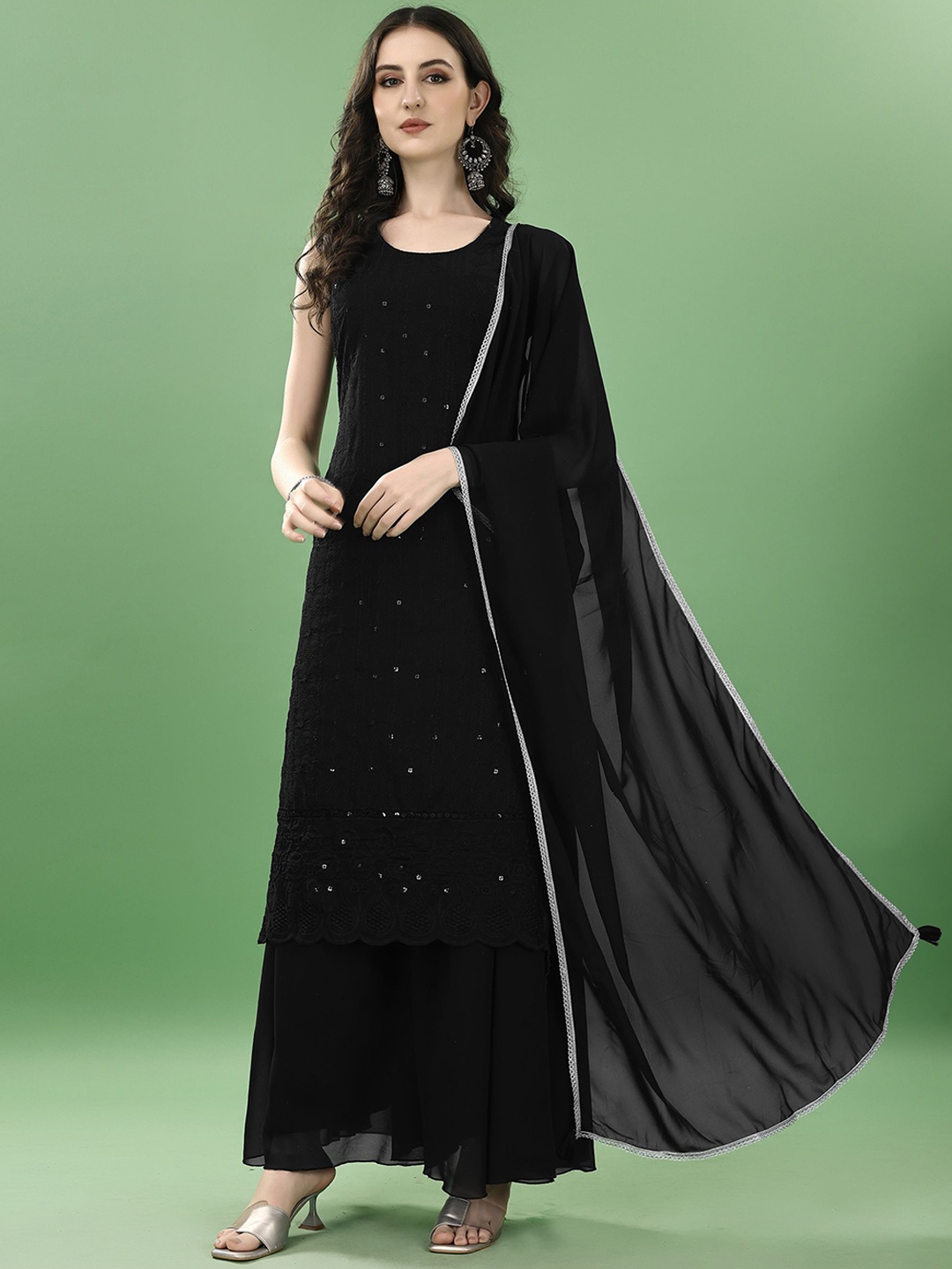 

Shopping Queen Embroidered Regular Sequinned Kurta With Palazzos & Dupatta, Black