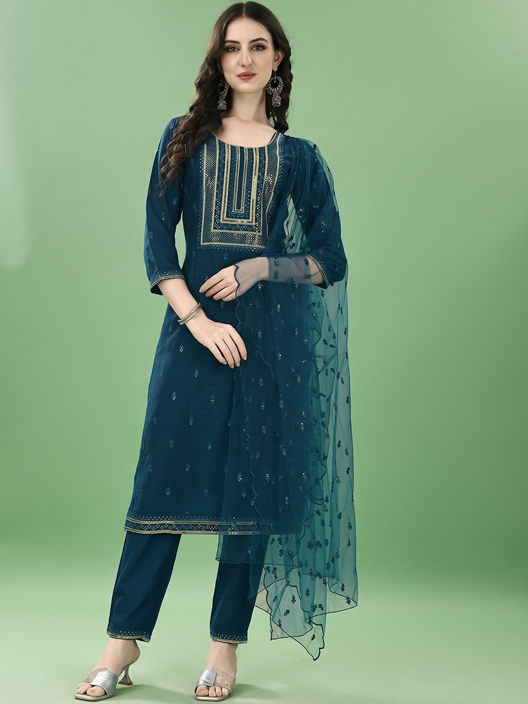 

Shopping Queen Embroidered Sequinned Straight Kurta & Pyjamas With Dupatta, Blue