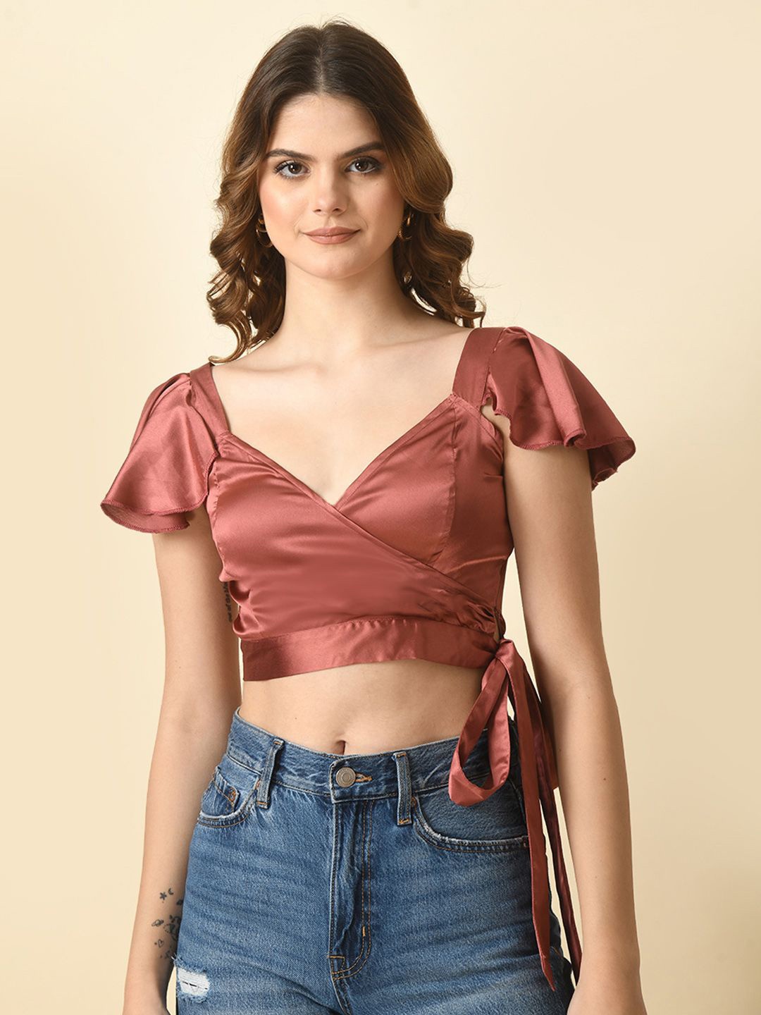 

Tushita Sweetheart Neck Flutter Sleeve Satin Wrap Crop Top, Pink