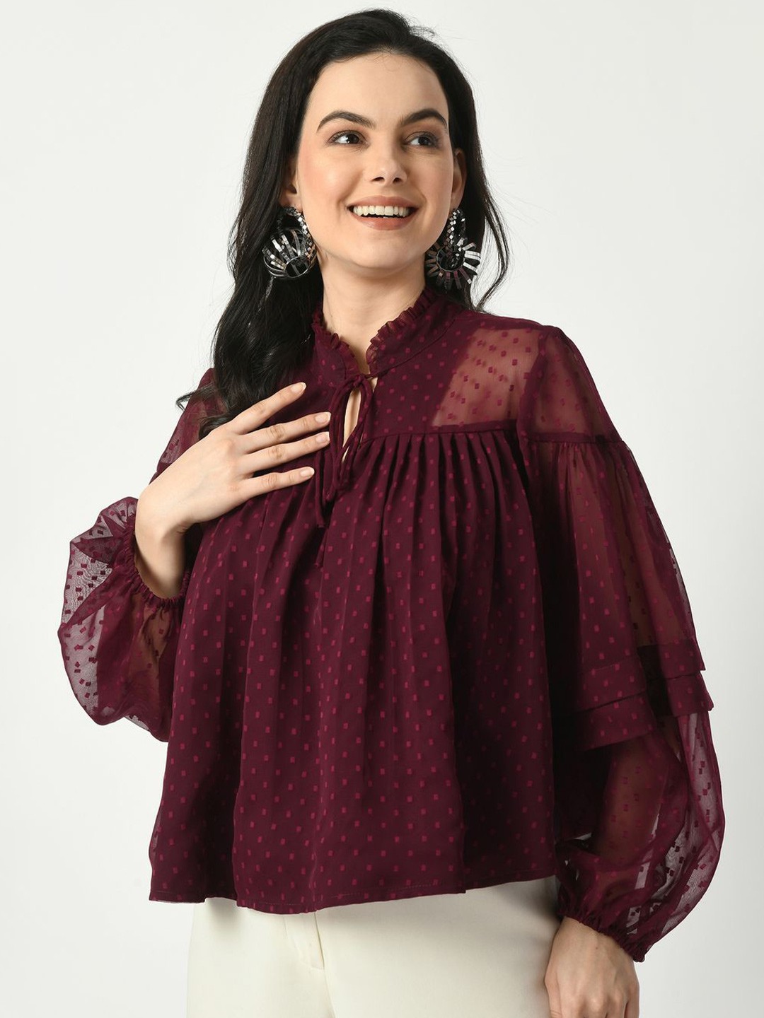 

Tushita Bishop Sleeves Styled Back Top, Maroon