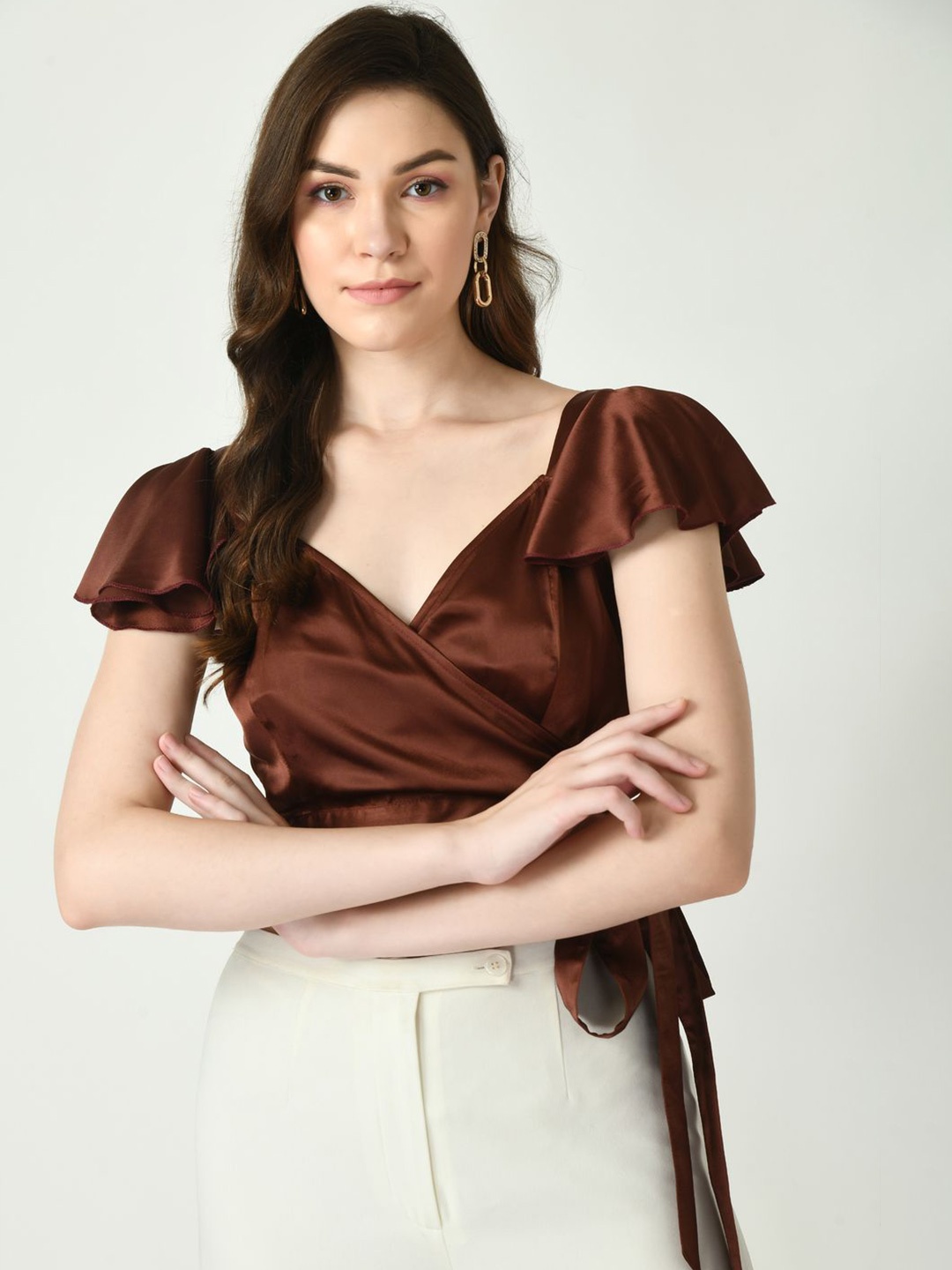 

Tushita Flutter Sleeve Satin Sweetheart Neck Crop Top, Brown