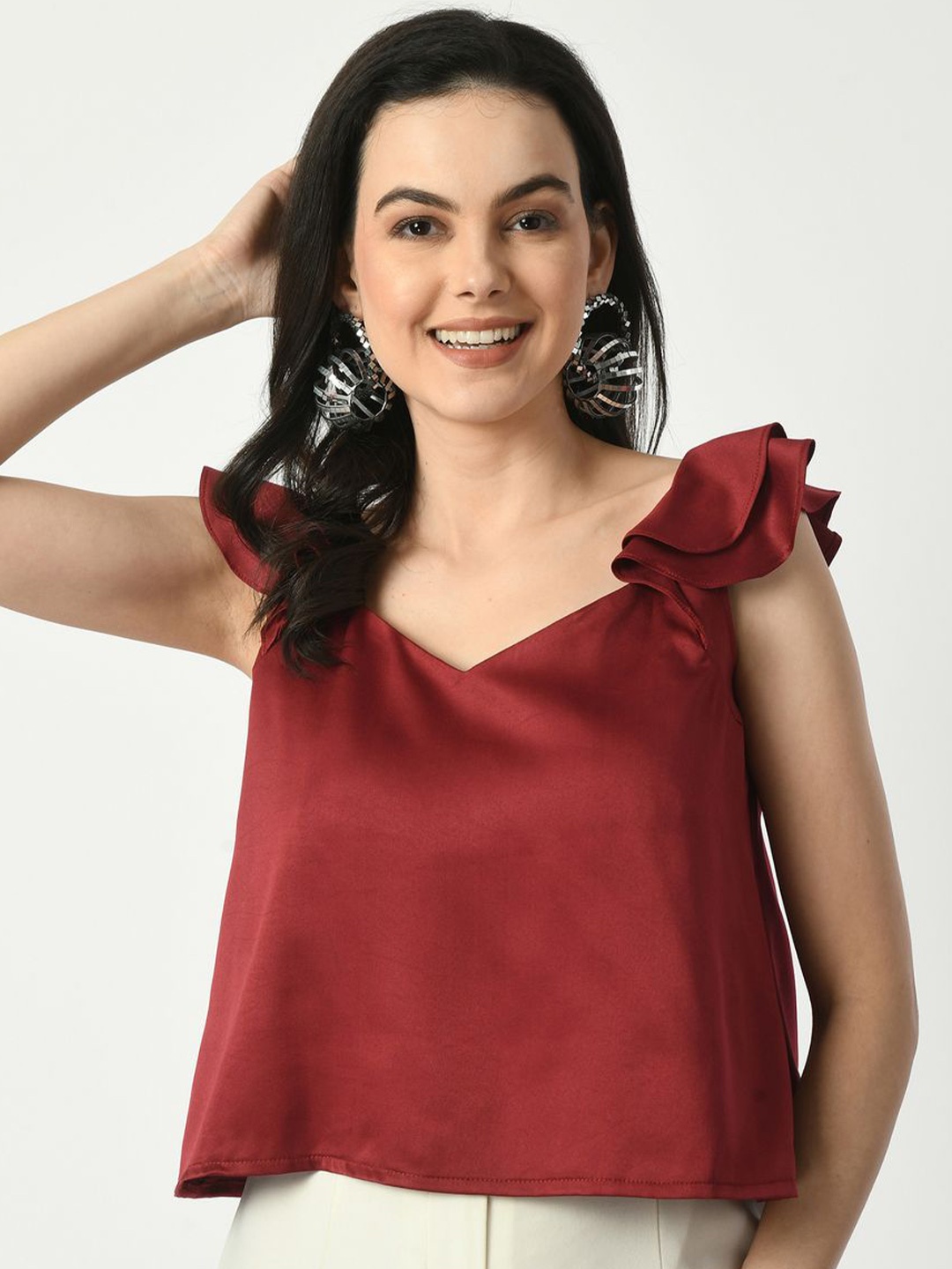 

Tushita Flutter Sleeve Sheen Satin Styled Back Top, Maroon