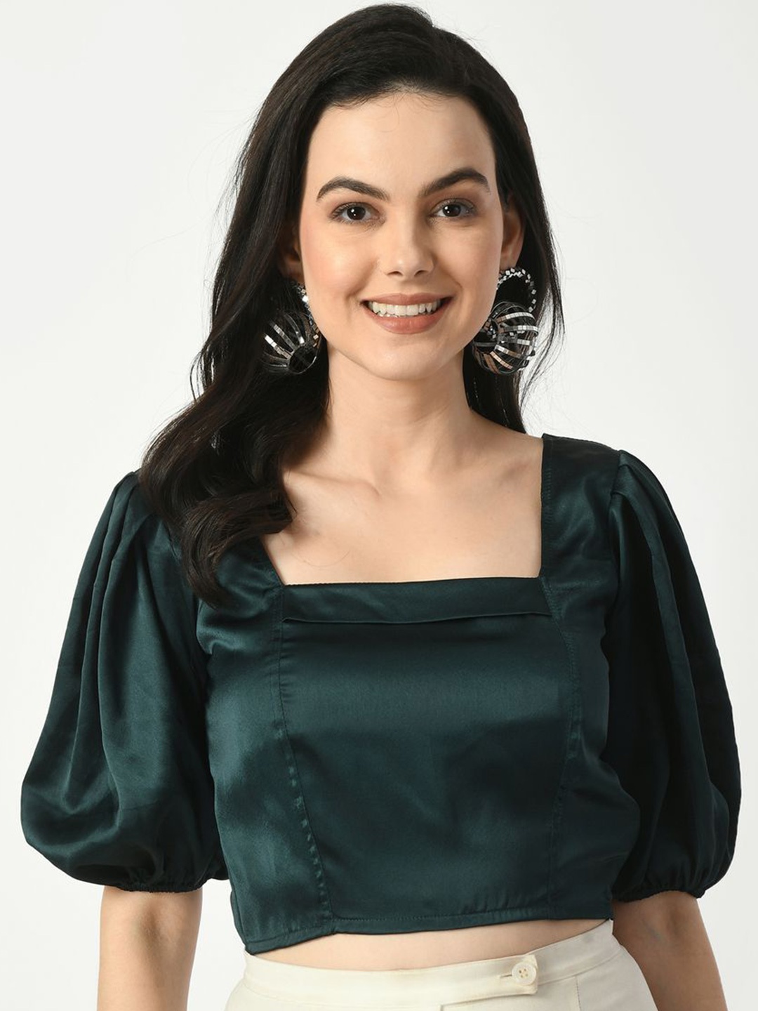 

Tushita Puff Sleeve Satin Styled Back Top, Green