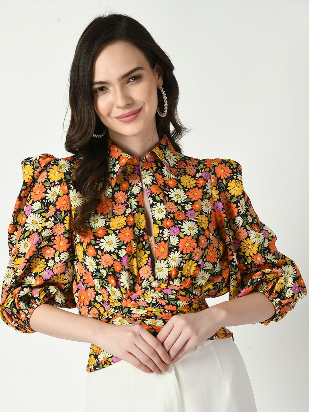 

Tushita Floral Print Puff Sleeve Crepe Top, Mustard