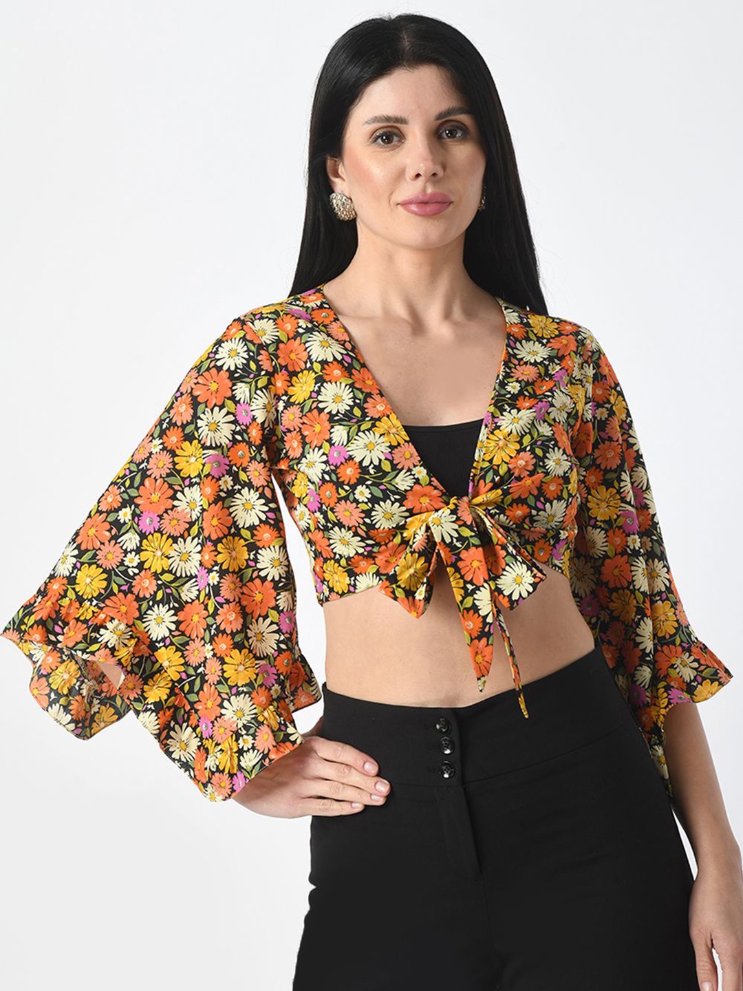 

Tushita Floral Print Flared Sleeve Crepe Styled Back Crop Top, Rust
