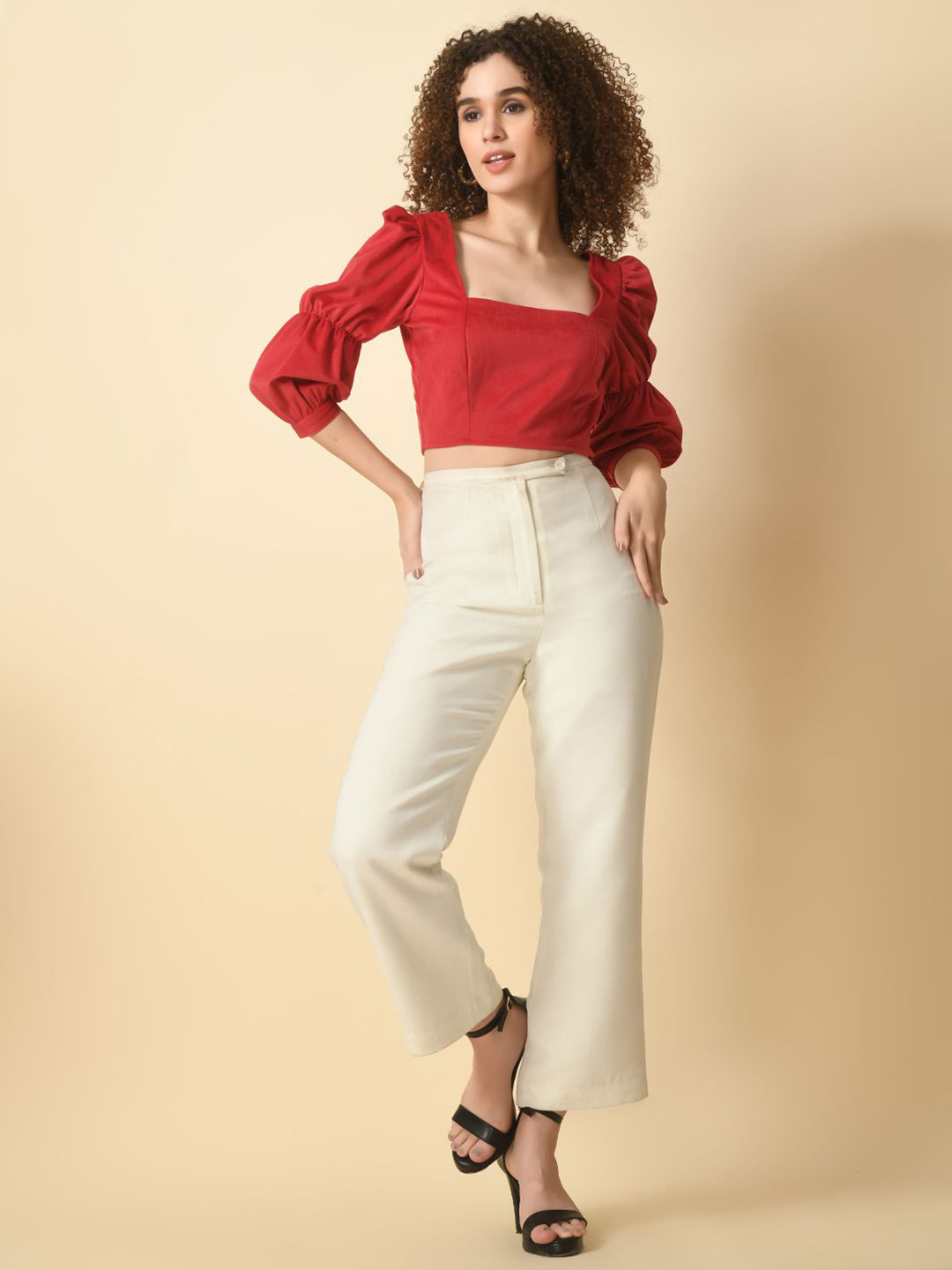 

Tushita Bell Sleeve Velvet Crop Top, Red