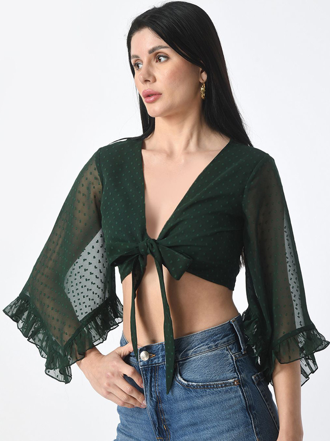 

Tushita Flared Sleeve Sheer Styled Back Crop Top, Green
