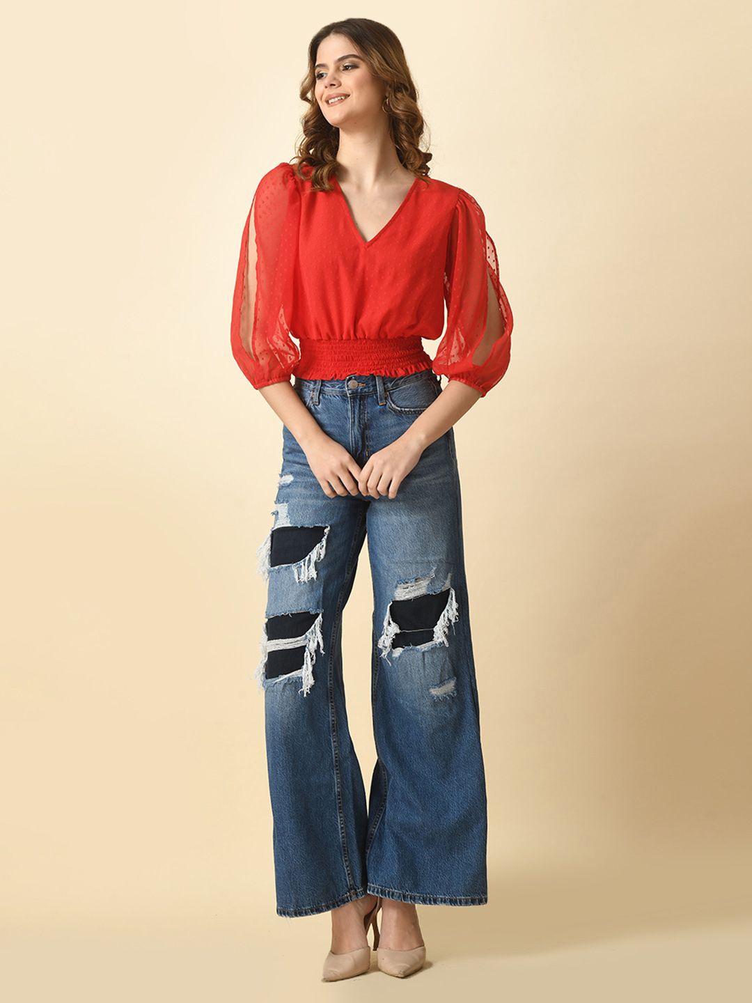 Tushita Georgette Blouson Crop Top, Red