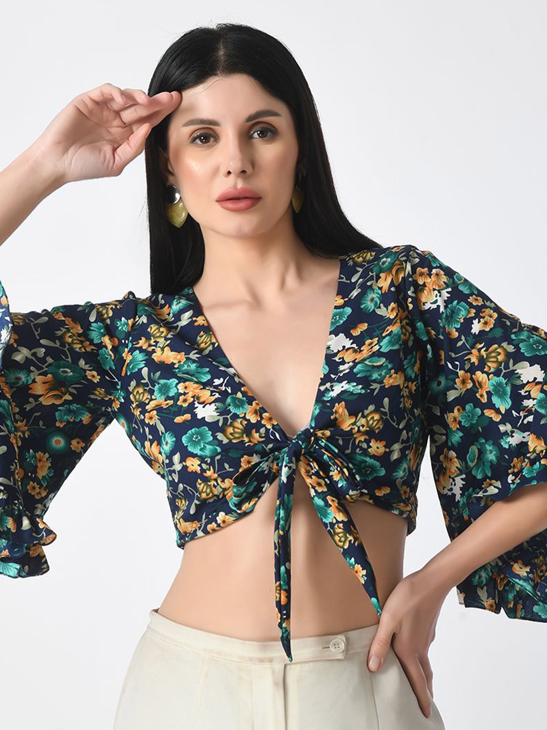 

Tushita Floral Print Crepe Styled Back Crop Top, Green