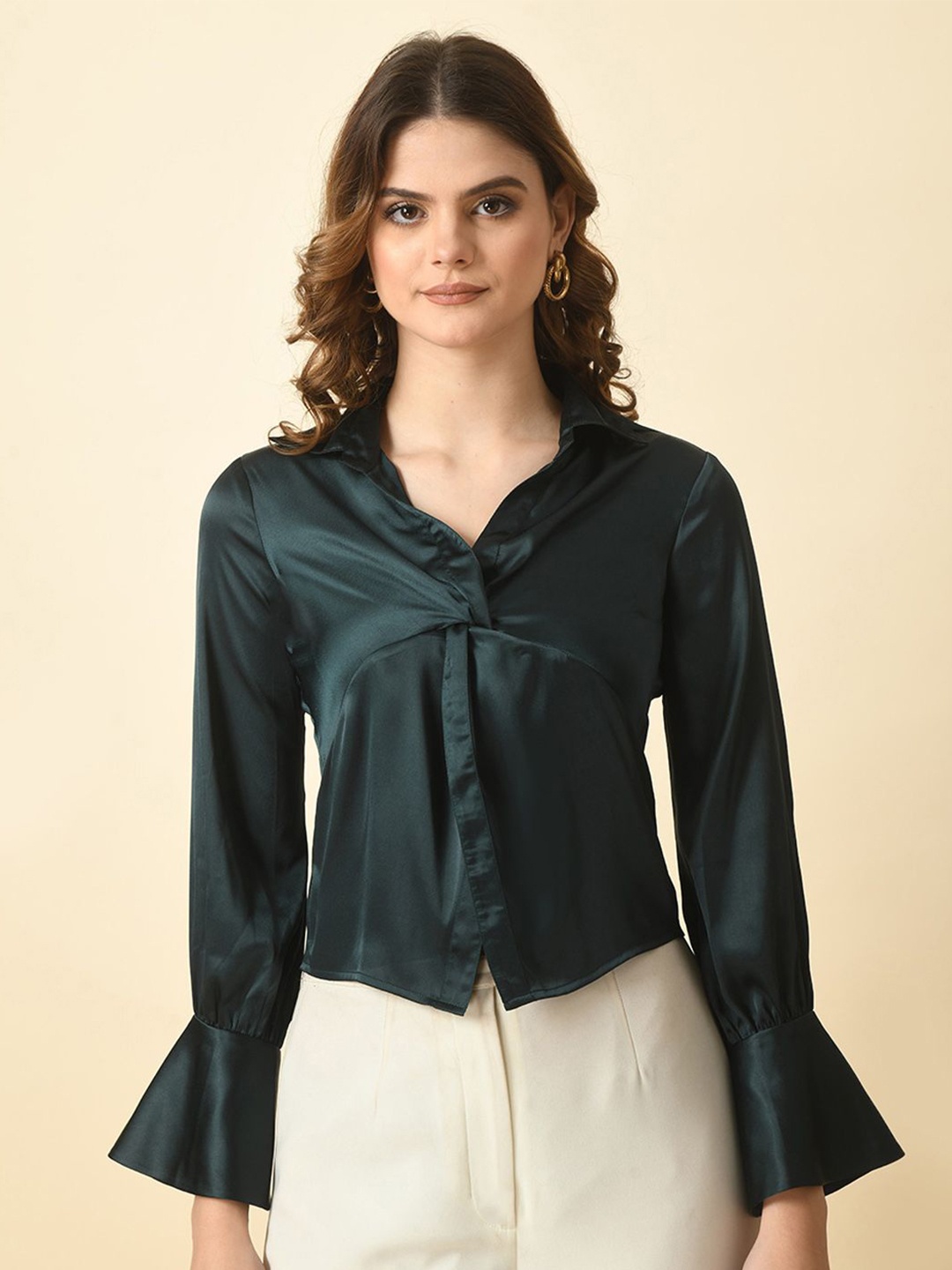 

Tushita Bell Sleeve Twisted Satin Styled Back Top, Green