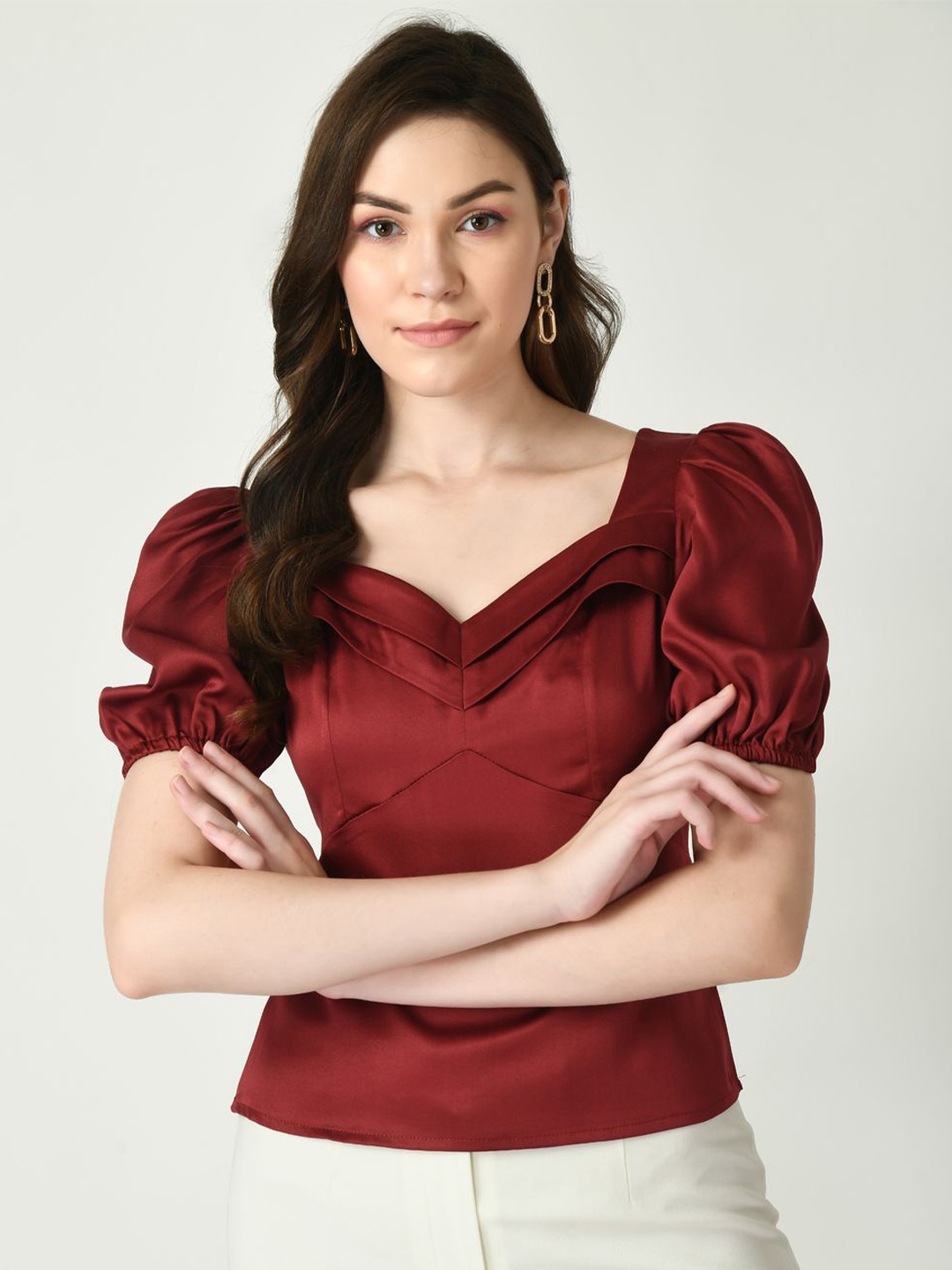 

Tushita Puff Sleeve Satin Top, Maroon