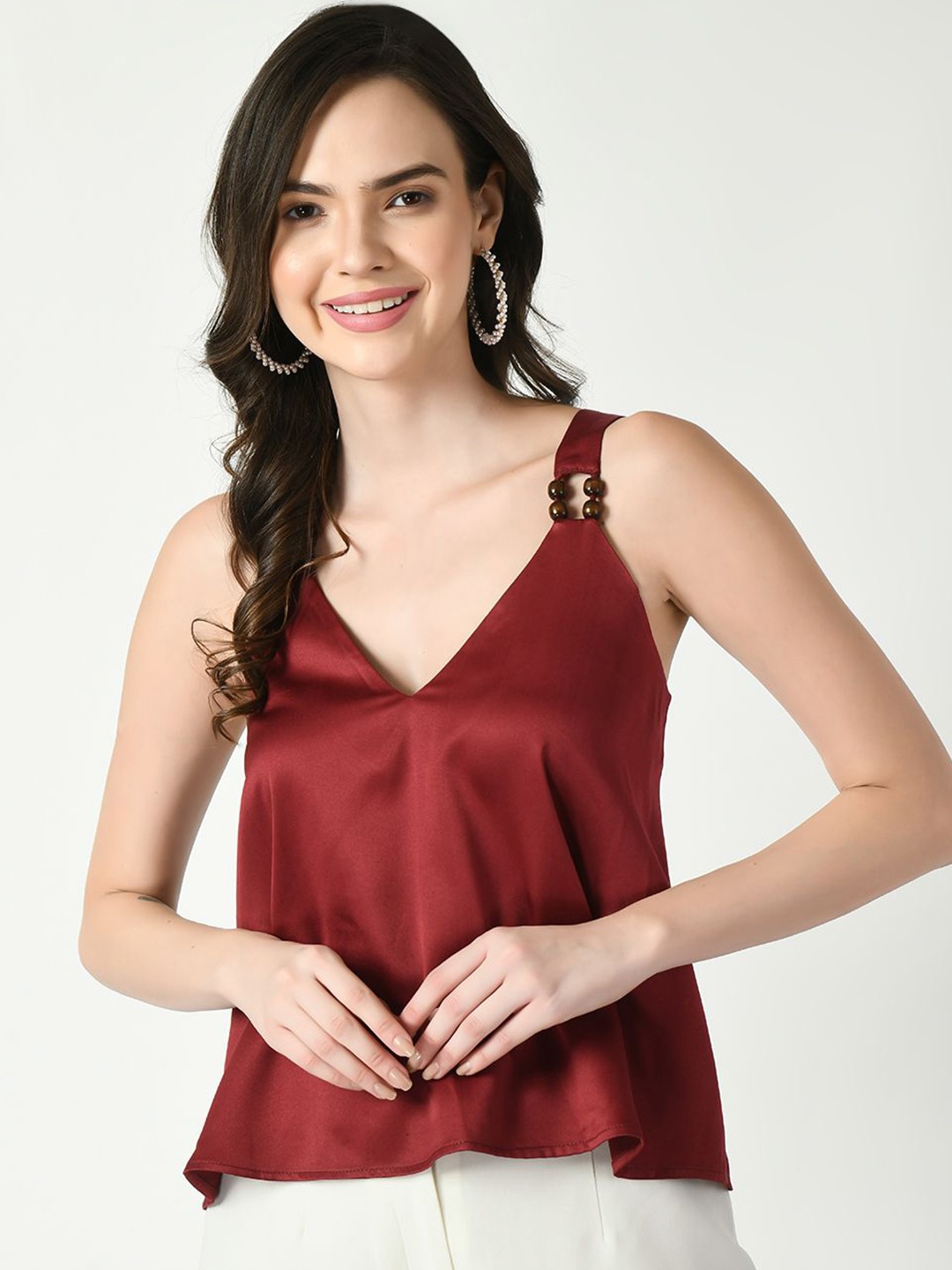 

Tushita Satin Shoulder strap Neck Top, Maroon