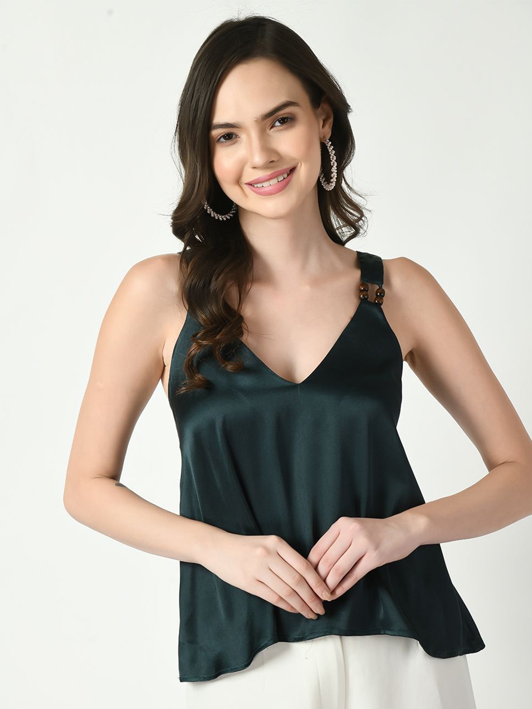 

Tushita Satin Styled Shoulder Strap Back Top, Green