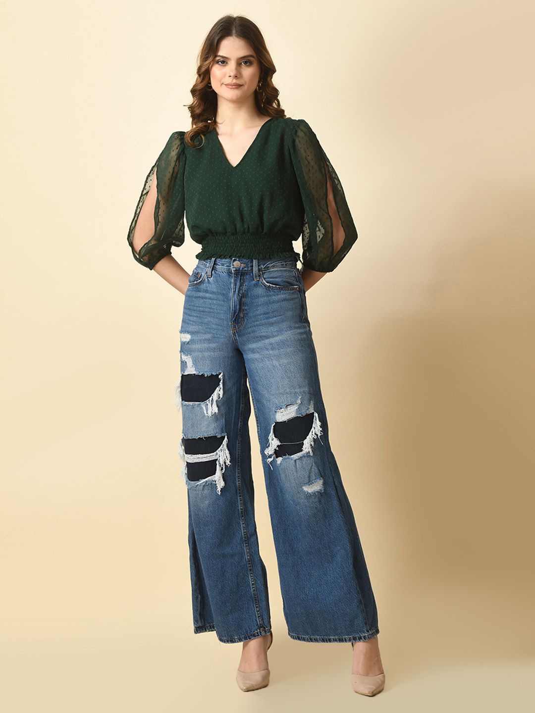 

Tushita Georgette Blouson Crop Top, Green
