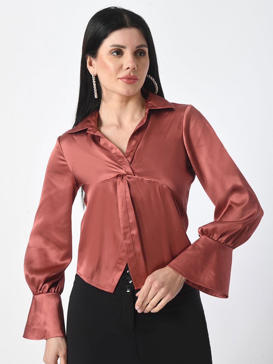 

Tushita Bell Sleeve Twisted Satin Top, Pink