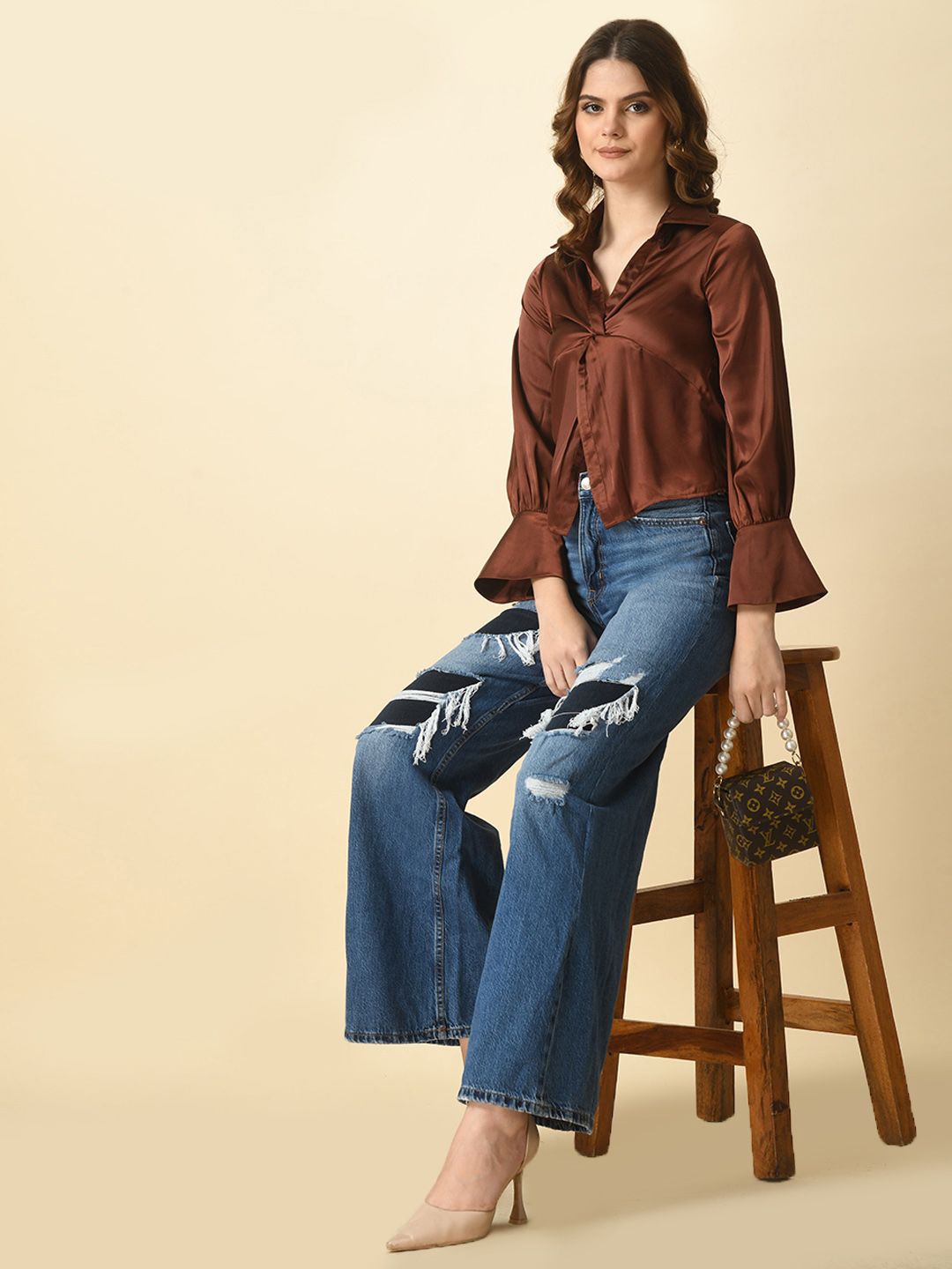 

Tushita Twisted Satin Top, Brown