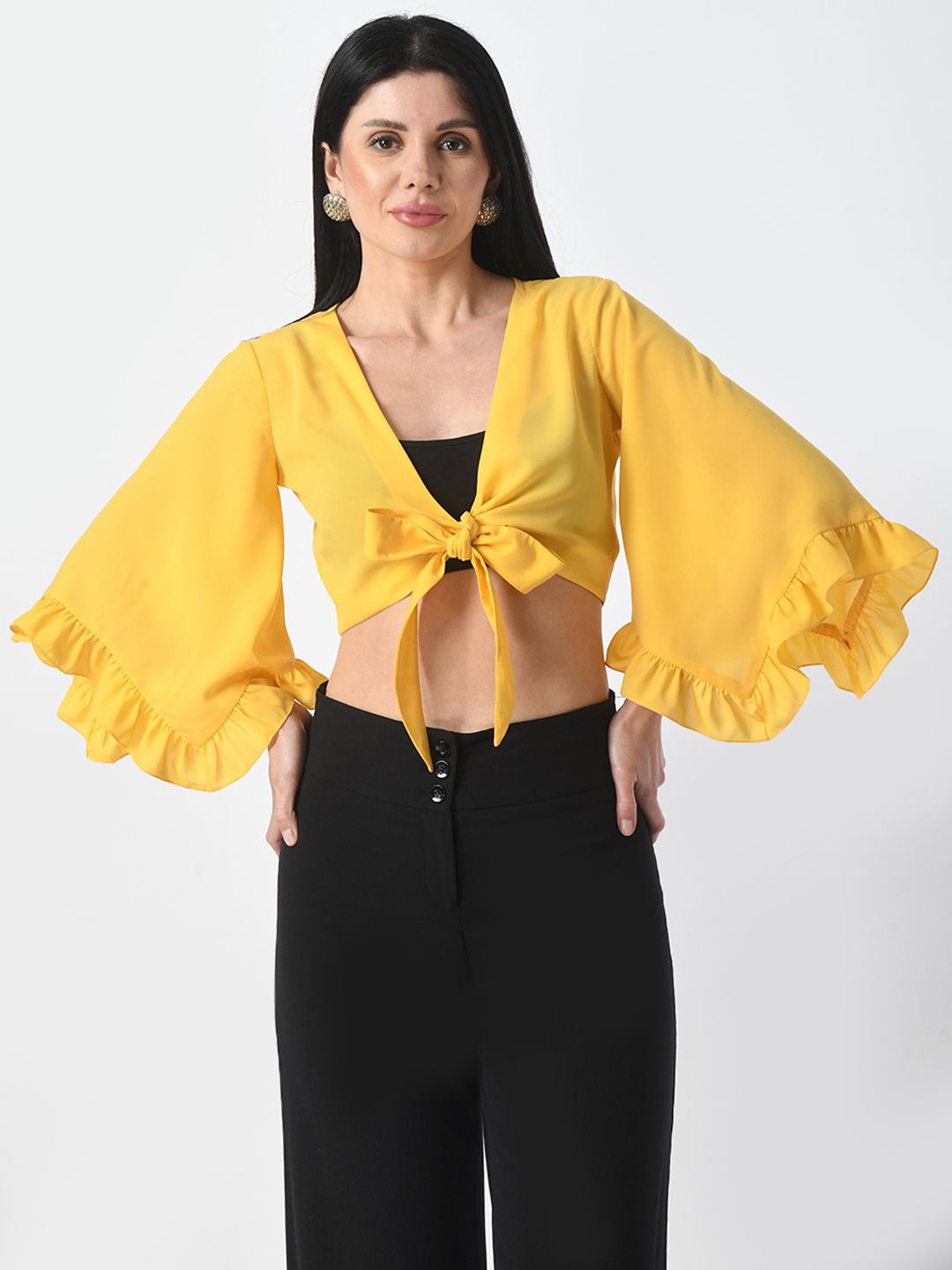 

Tushita Flared Sleeve Sheer Styled Back Crop Top, Yellow