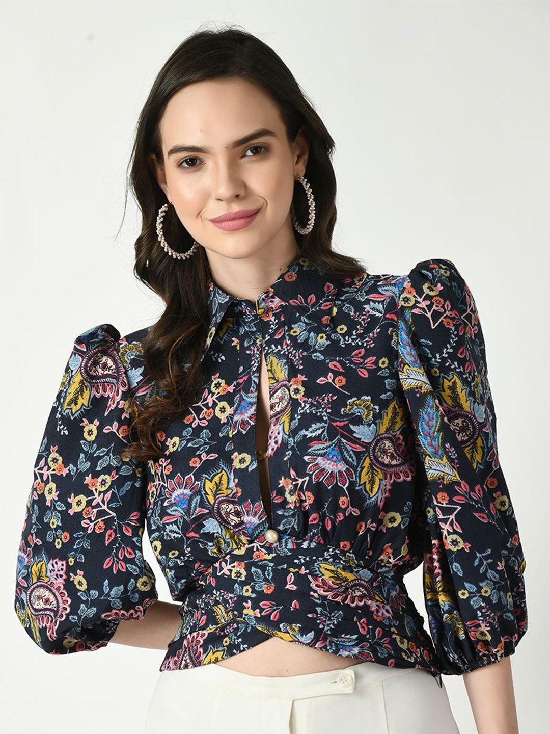 

Tushita Floral Print Puff Sleeve Crepe Styled Back Top, Navy blue