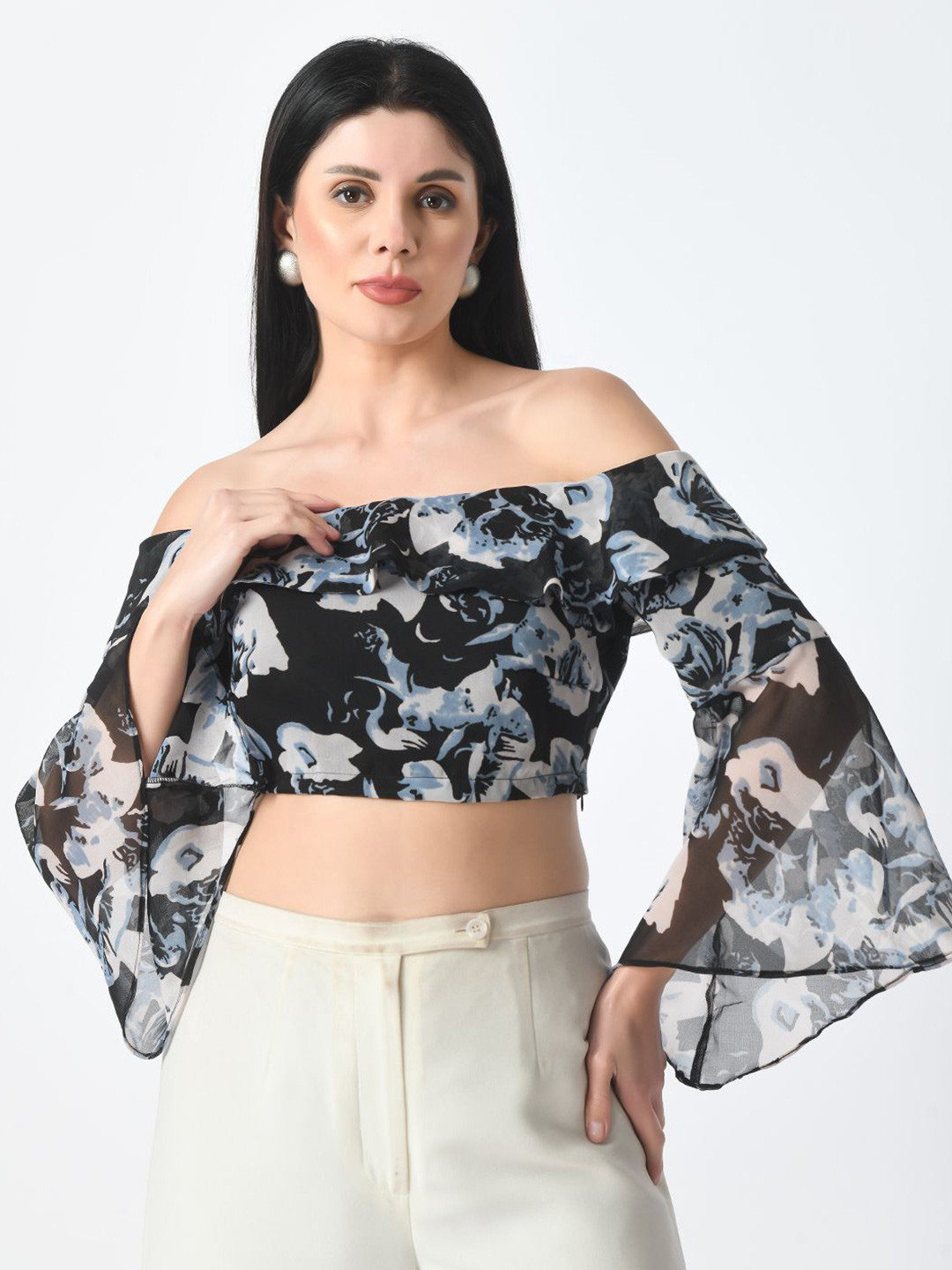 

Tushita Floral Print Off-Shoulder Bell Sleeve Ruffles Georgette Styled Back Crop Top, Navy blue