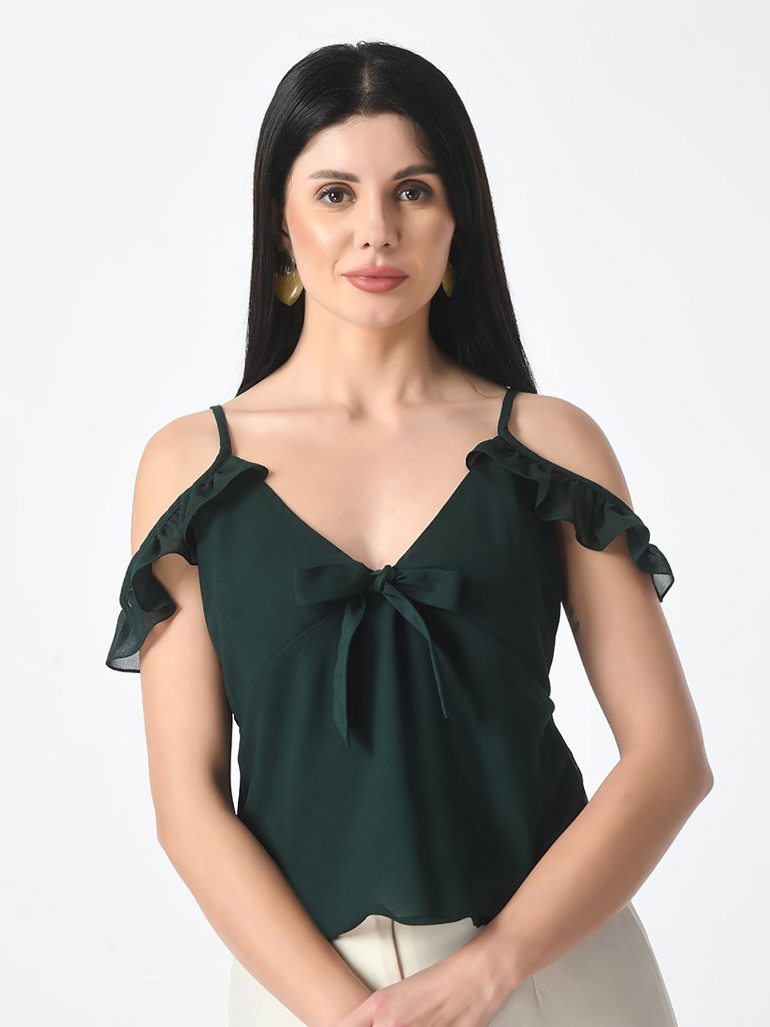 

Tushita Cold-Shoulder Ruffles Sheer Georgette Styled Back Top, Green