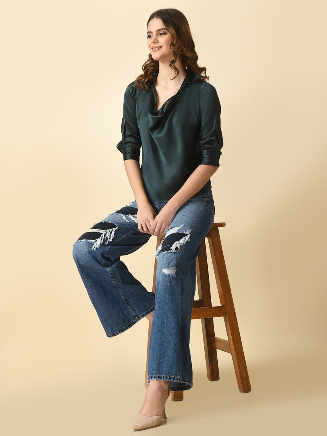 

Tushita Roll-Up Sleeves Satin Shirt Style Top, Green