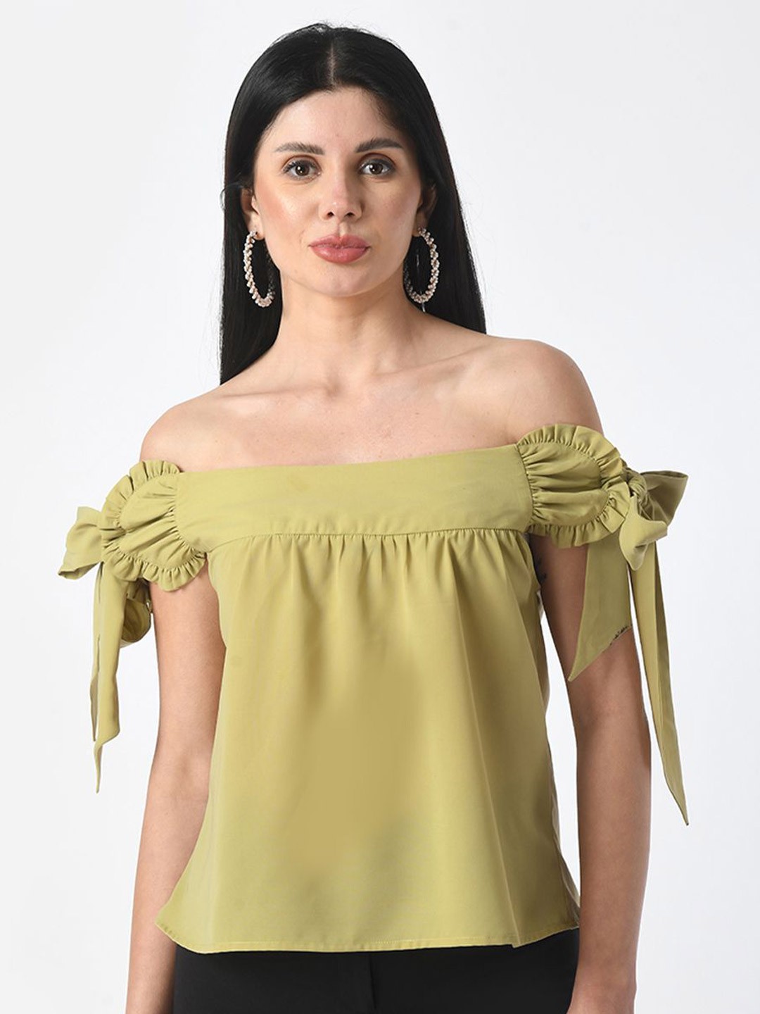 

Tushita Women Solid Off-Shoulder Crepe Bardot Top, Green