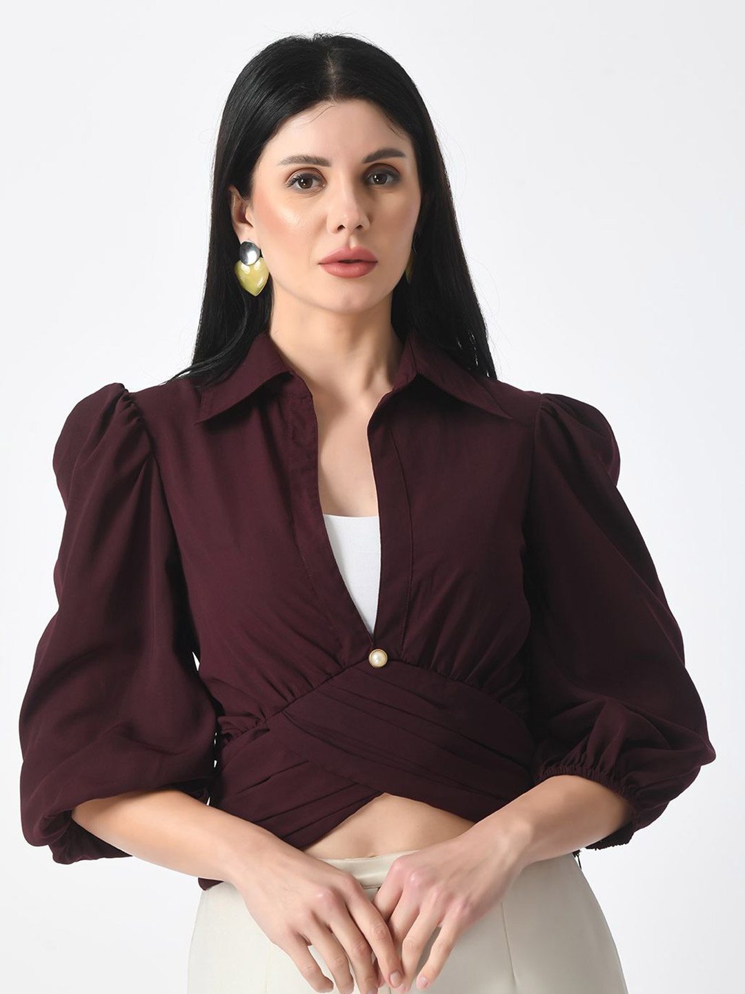 

Tushita Puff Sleeve Crepe Blouson Top, Red