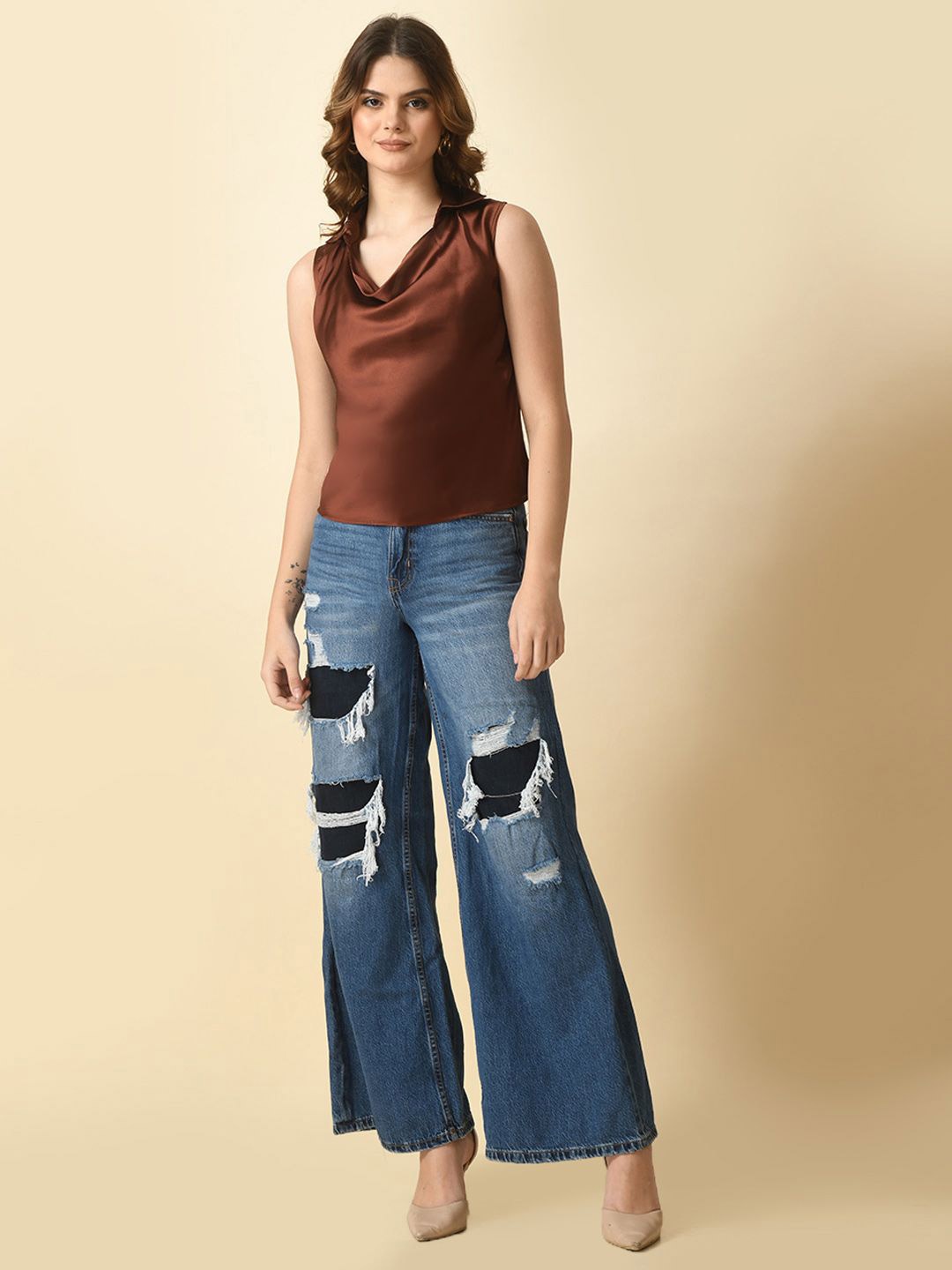 

Tushita Sheen Satin Top, Brown
