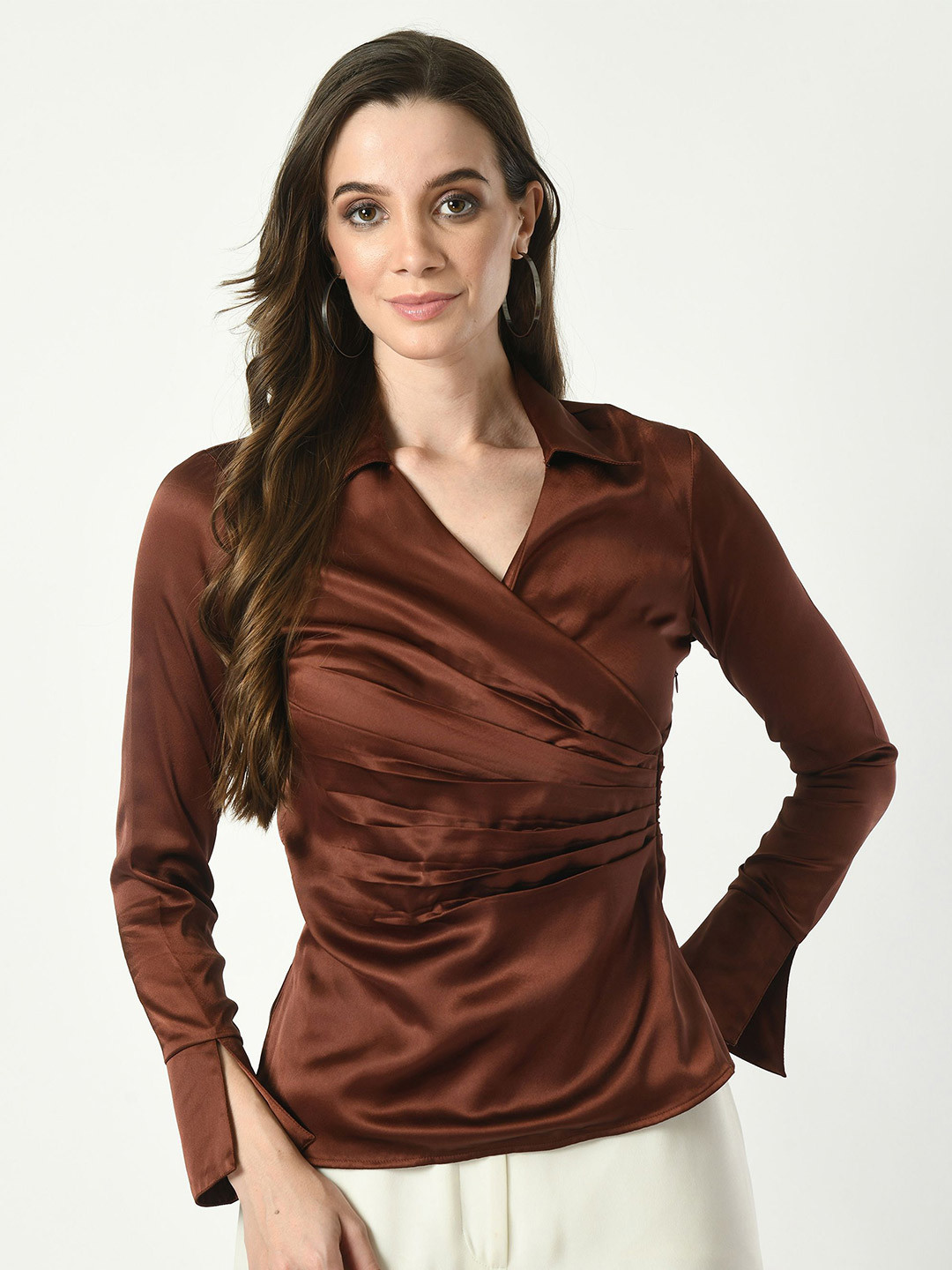 

Tushita Bell Sleeve Satin Styled Back Top, Brown