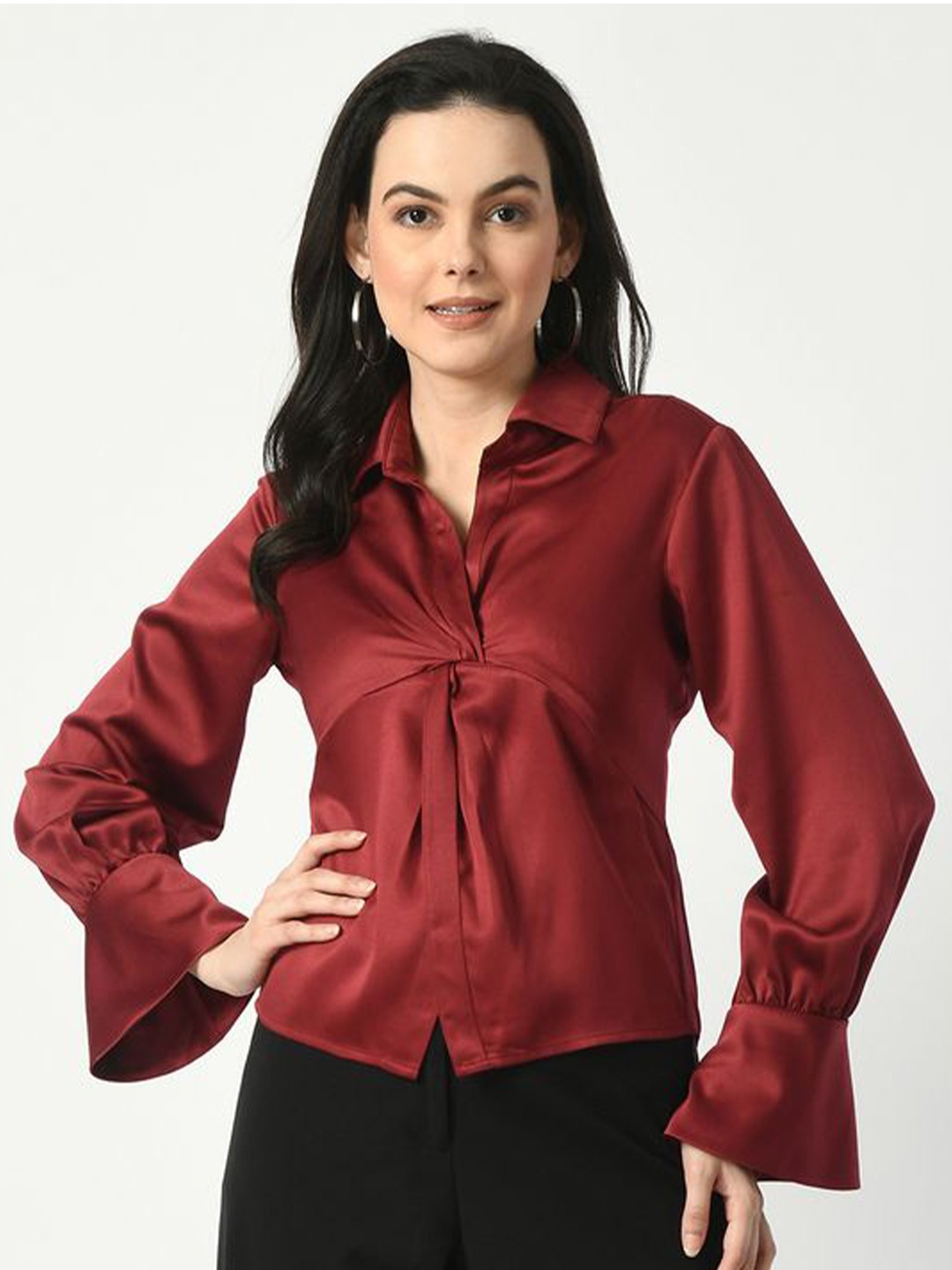 

Tushita Bell Sleeve Twisted Satin Styled Back Top, Maroon