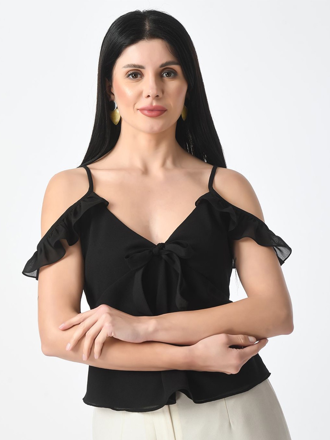 

Tushita Women Cold-Shoulder Ruffles Sheer Georgette Styled Back Top, Black