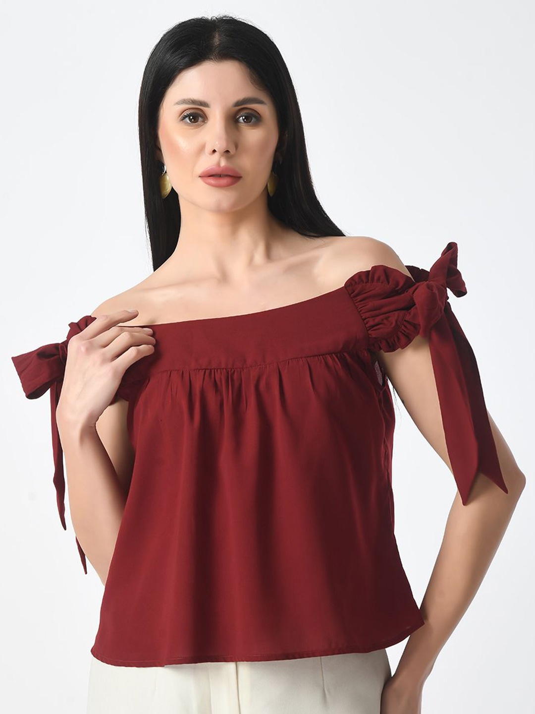 

Tushita Off-Shoulder Crepe Bardot Top, Maroon