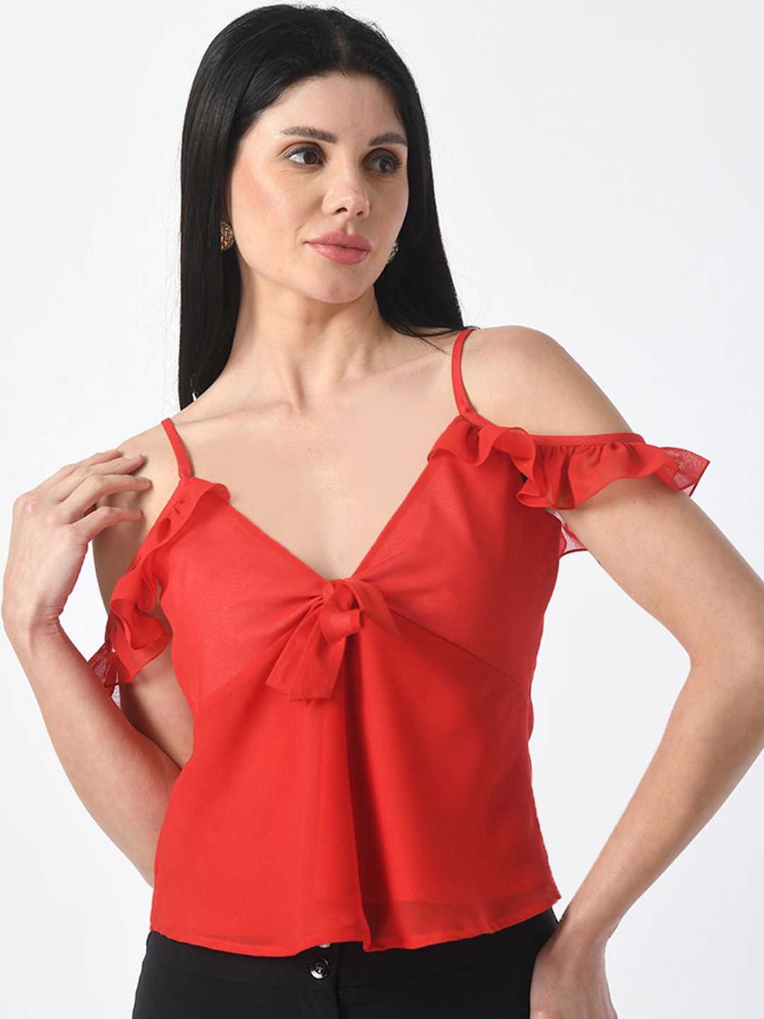 

Tushita Cold-Shoulder Ruffles Sheer Georgette Top, Red