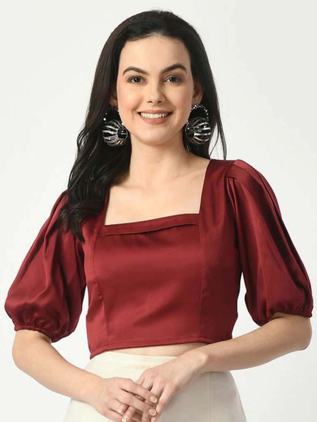 

Tushita Puff Sleeve Satin Styled Back Top, Maroon