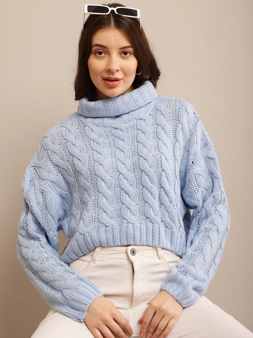 

NoBarr Women Cable Knit Crop Pullover, Blue