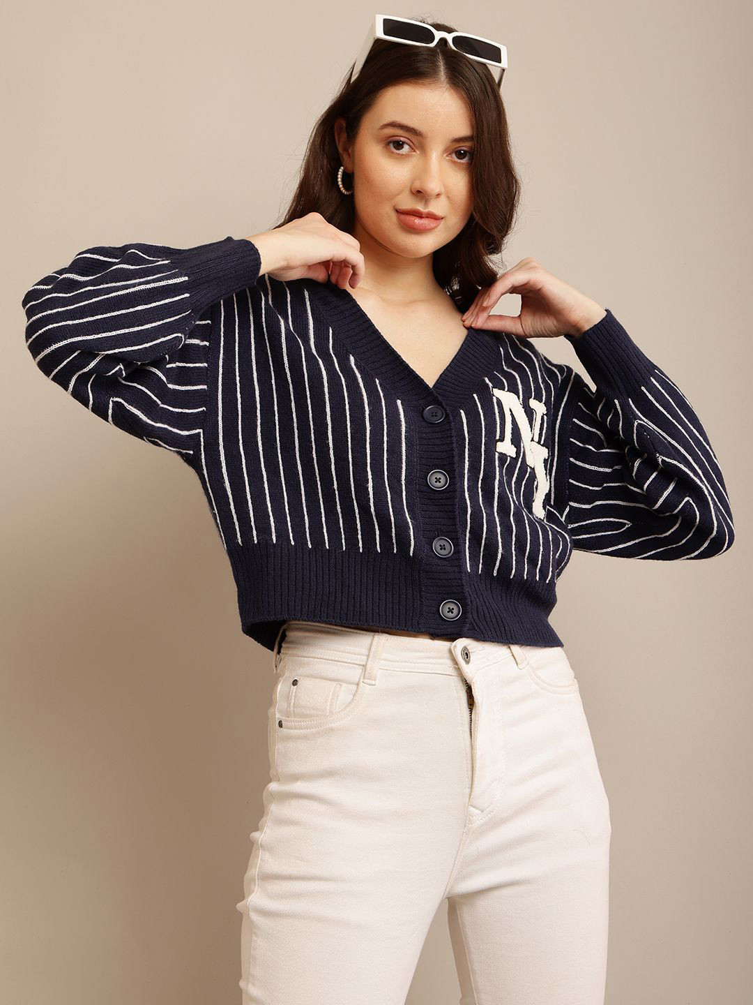 

NoBarr Women Striped Crop Cardigan, Blue