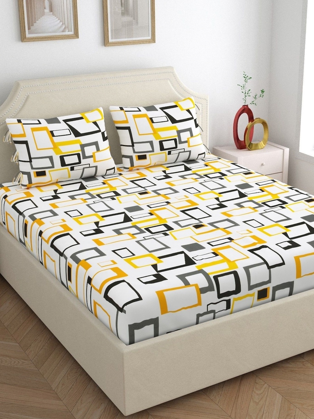 

Home Ecstasy White & Grey Geometric 140 TC Pure Cotton Queen Bedsheet With 2 Pillow Covers