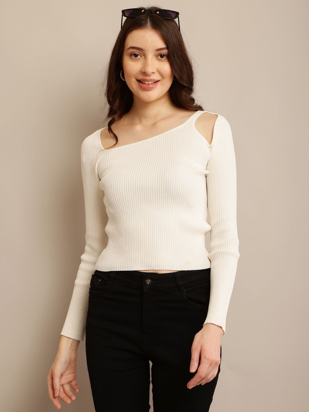 

NoBarr Women Solid Shoulder Straps Long Sleeves Top, Off white