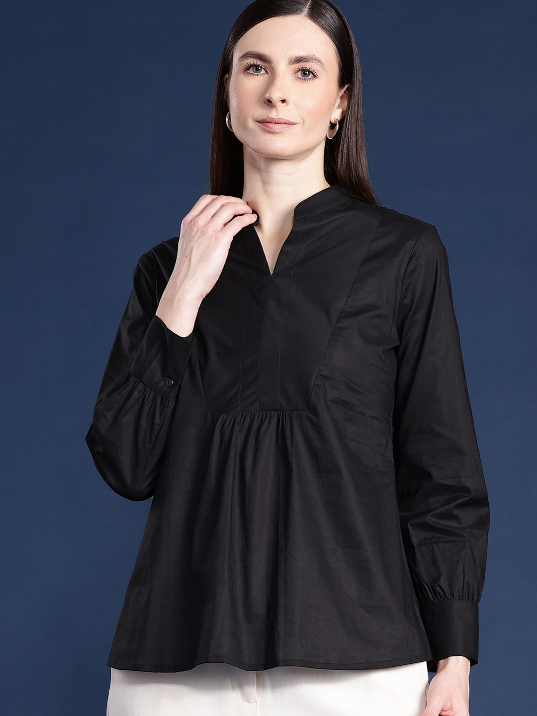 

Hancock Mandarin Collar Puff Sleeves Pure Cotton Top, Black