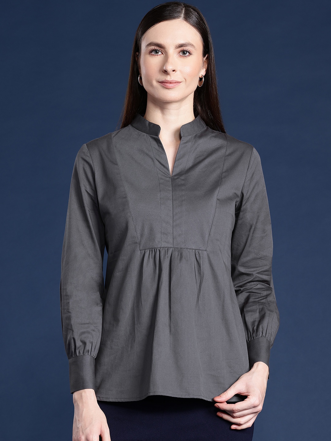 

Hancock Mandarin Collar Puff Sleeves Pure Cotton Top, Grey