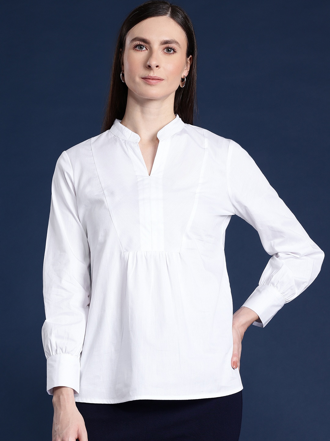 

Hancock Mandarin Collar Puff Sleeves Pure Cotton Top, White