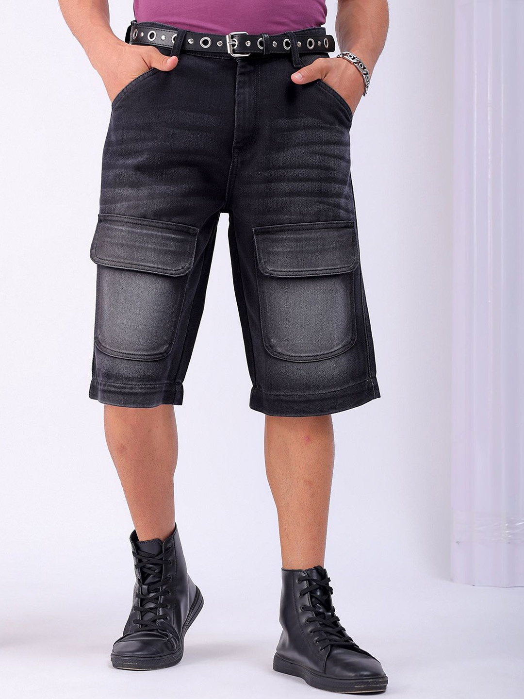 

The Indian Garage Co Men Relaxed Fit Denim Cargo Shorts, Black