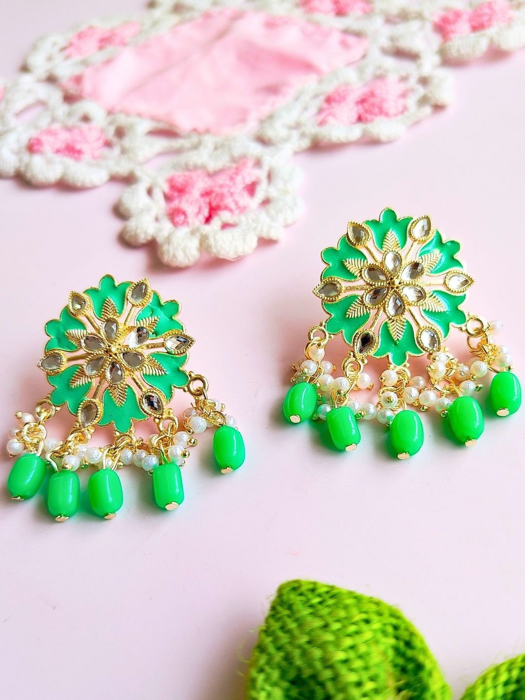 

Anouk Gold Plated Artificial Stones & Beads Meenakari Drop Earrings