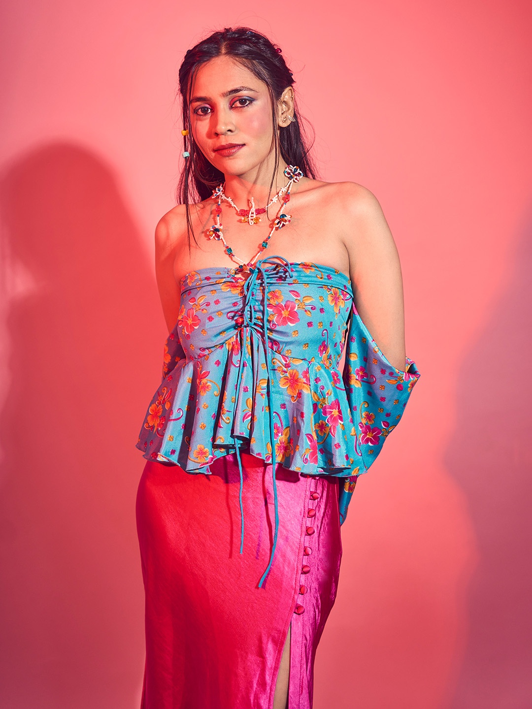

D BIAS Floral Print Halter Neck Crepe Bardot Top, Blue