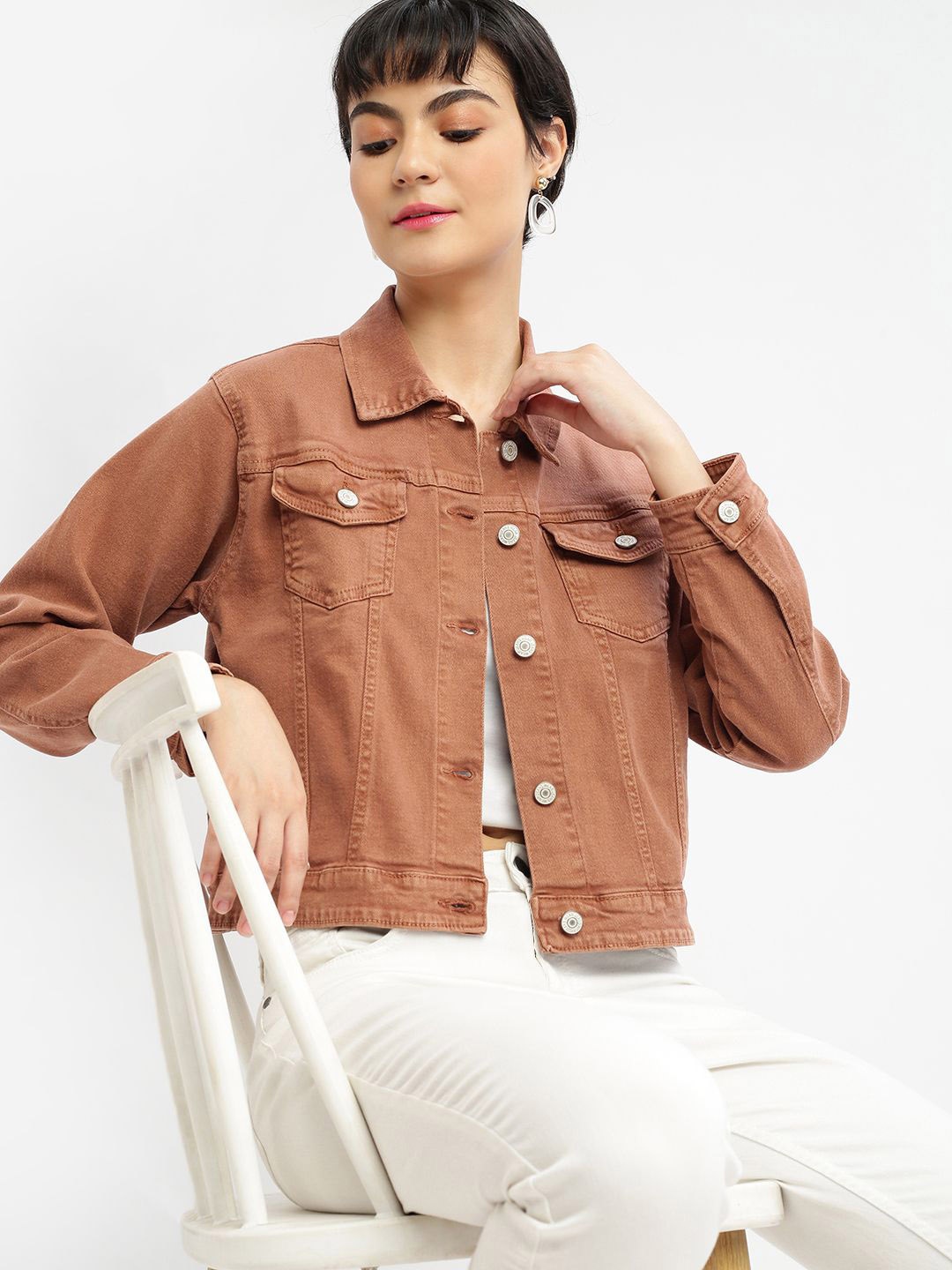 

SHOWOFF Women Windcheater Crop Denim Jacket with Embroidered, Brown