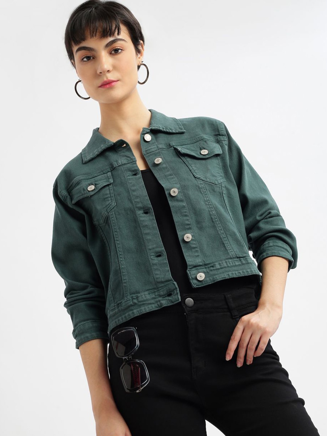 

SHOWOFF Women Washed Windcheater Crop Denim Jacket, Teal