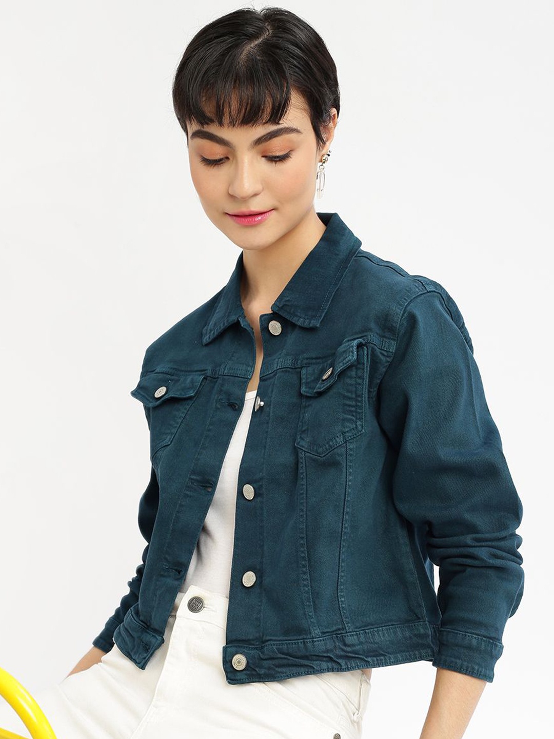 

SHOWOFF Women Washed Windcheater Crop Denim Jacket, Teal