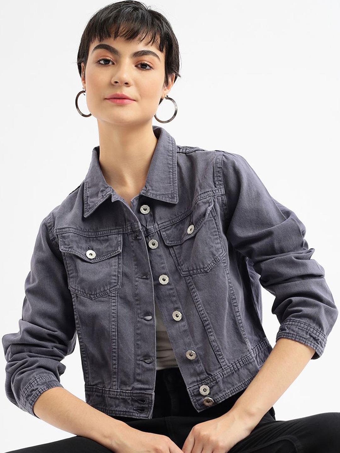 

SHOWOFF Women Windcheater and Water Resistant Crop Denim Jacket, Charcoal